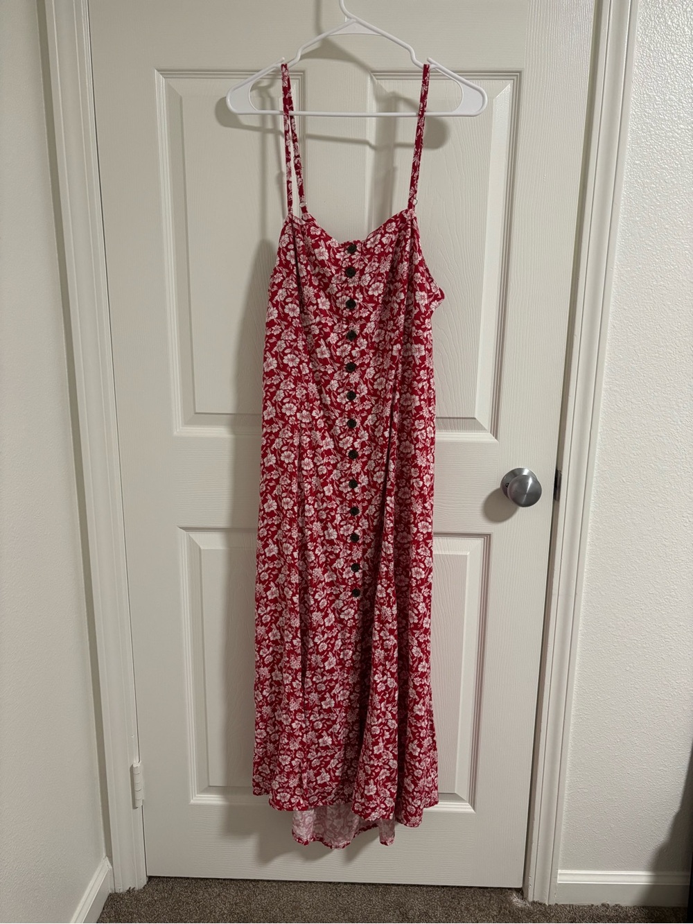 Women’s Linen Red Floral Button-Front Midi Sundress